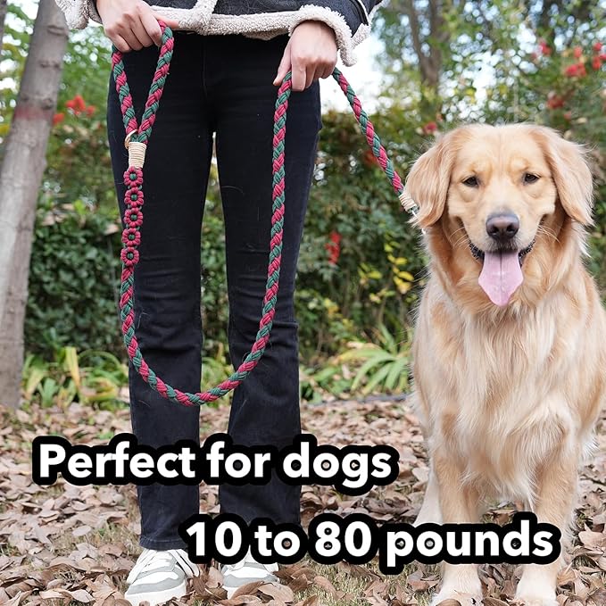 Handmade 5ft Braided Cotton Dog Leash with Unique Floral Handle, Durable and Stylish, Ideal for Small to Large Dogs, Blue & Yellow Twist (Yuletide Petals)