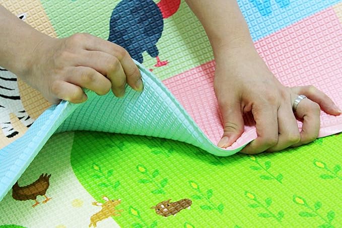 Baby Care Play Mat (Medium, Playful - Busy Farm) 73’’ x 49’’ Original One-Piece Reversible Rollable Waterproof Play Mat for Infants, Babies, Toddler, and Kids