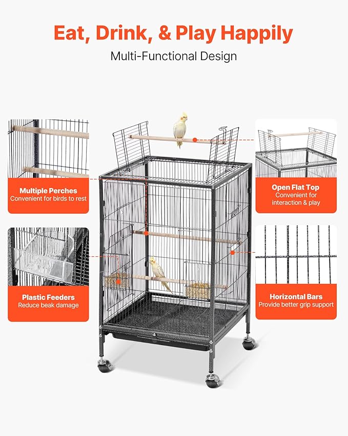 VEVOR Bird Cage, 18 x 18 x 30 inch, Open Flat Top, Wrought Iron Bird Flight Cage with Perches, Slide-Out Tray and Plastic Feeders, Casters, for Parrot, Blue Tit, Cockatiel, Canary, Budgerigar, Conure