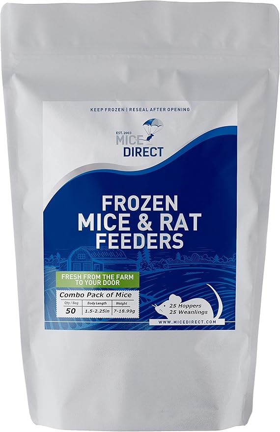 MiceDirect EST. 2003 50 Frozen Mice Combo Pack of 25 Hoppers and Weanling Feeders Snake Food for Mice for Juvenile Ball Python Adult Milk Corn Snakes (1.5-2.5 in)(500 Grams Min)