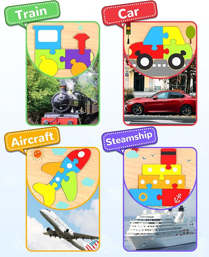 Yetonamr Wooden Toddler Puzzles Gifts Toys for 1 2 3 Years Old Boys Girls, 4 Vehicle Shape Montessori Toy Educational Blocks Kids Toys Gift Baby Learning Toy Age 1-3, 2-4