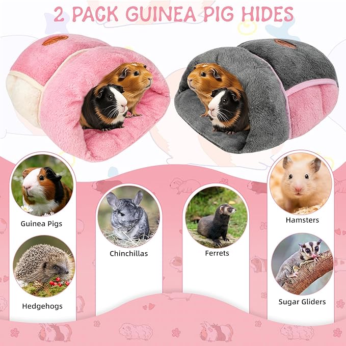 YUEPET 2 Pack Guinea Pig Hideout Portable Guinea Pig Pocket Bedding Cozy Cuddle Sack Snuggle Bag Bunny Bed for Small Animals Hamster Ferret Hedgehog Chinchilla Rabbit Cage Accessories (Grey+Pink)