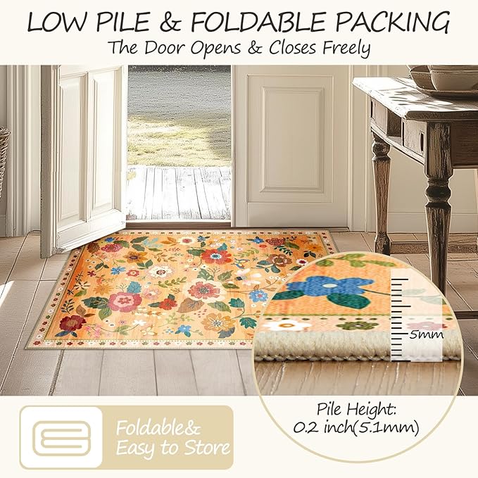 Floral 8x10 Area Rug Machine Washable Soft Print Boho Carpet Non Slip Doormat Low Pile Flower Area Rugs for Living Room Bedroom Nursery Kitchen Dining Room Indoor-Yellow/Orange