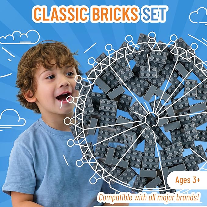 Strictly Briks Classic Bricks Starter Kit, Gray, 96 Pieces, 2x3 Studs, Building Creative Play Set for Ages 3 and Up, 100% Compatible with All Major Brick Brands