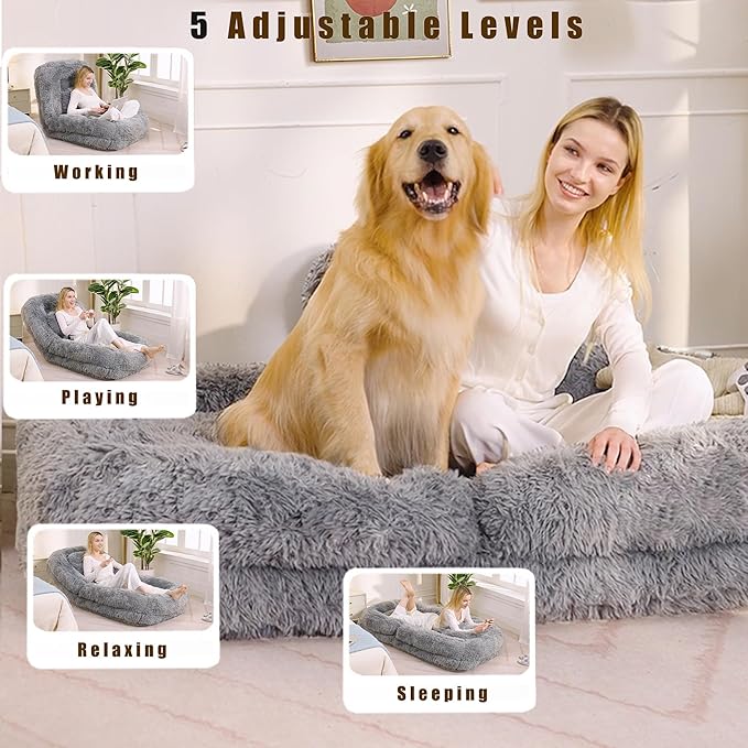 Gray Foldable Human Dog Bed - 69"x35"x12" Fits You & Pets with Comfy Pillow, Washable Faux Fur, Oversized Lounger Lazy Sofa Beds with 5 Adjustable Position