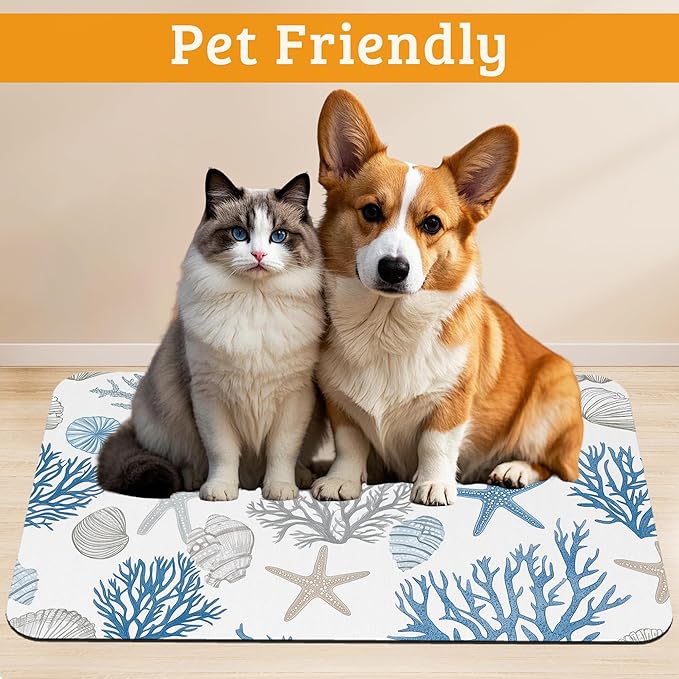 Seashell Beach Feeding Mat,Coral Starfish Absorbent Quick-Dry Cat Dog Food and Water Bowl Mats,Non-Slip Rubber Backing Mat,Cat Dog Accessories Supplies 12" x 20"