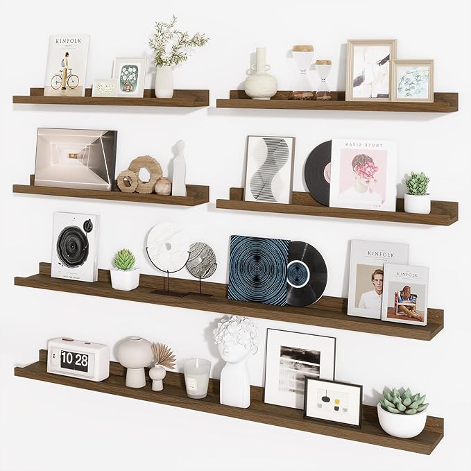 Axeman Picture Ledge Shelf, Floating Shelves for Wall Decor Storage Set of 6, 55 inch Floating Wall Mounted Shelves, Wall Shelves with Lip for Living Room, Bedroom, Nursery, Bathroom, Kitchen, Walnut