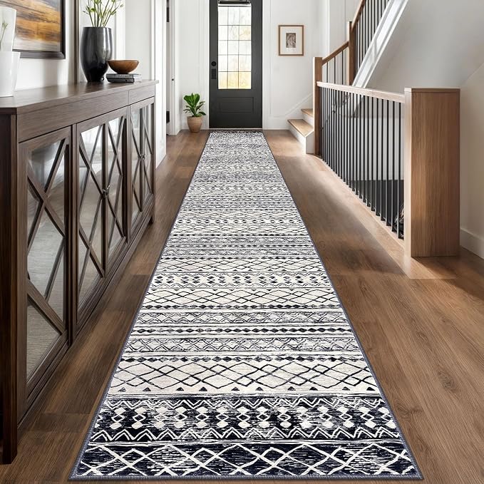 KUTA Moroccan Washable Runner Rug 2.6x18 Non-Slip Vintage Black Navy Blue Boho