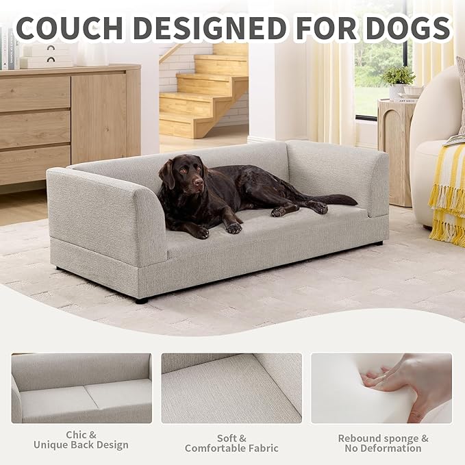 Oversized Dog Sofa Couch for Medium & Large Dogs, Modern Pet Couch Bed with Backrest & Armrests, Supportive Foam Cushion, Linen Fabric Dog Couch