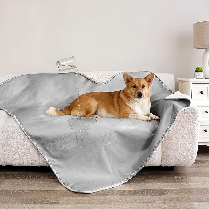 Waterproof Blanket for Couch, Leak Proof Dog Bed Sherpa Throw Blankets Reversible Pet Sofa Furniture Protector Machine Washable-50 x60,Darkgrey