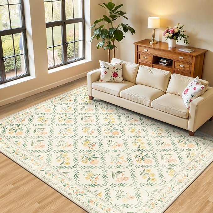 Area Rug Living Room Rugs: Floral 4x6 Washable Rug Vintage Soft Boho Non-Slip Carpet Stain Resistant Large Carpets for Bedroom Dining Room Farmhouse Nursery Hallway Home Office Beige/Multi