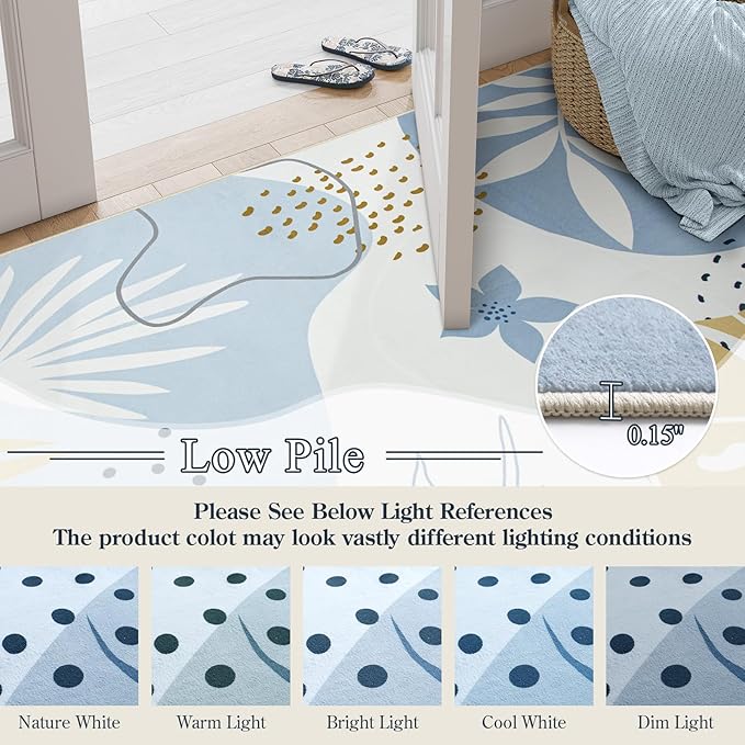 Lahome 8x10 Area Rugs for Living Room - Non-Slip Washable Ultra-Thin Soft Bedroom Rug 8x10 Under Bed, Boho Botanical Print Carpet for Dining Room Office Nursery, Blue