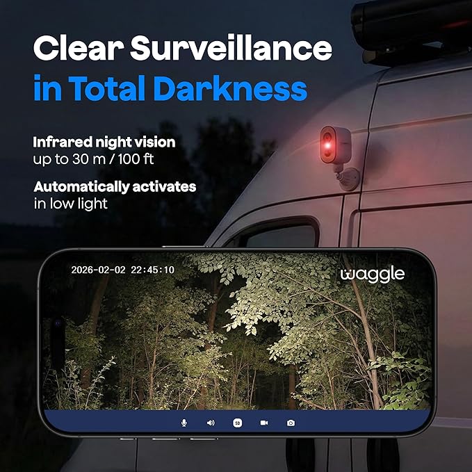 Waggle Pack of 2 4G LTE Security Camera for RV, No Wi-Fi Needed, 2K HD, 300° Pan, 9000mAh Battery, PIR & AI Human Detection, Siren Alarm, Indoor/Outdoor Cam for Camping/Travel, Subscription Required