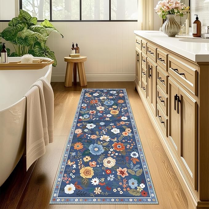 Floral 2x8 Area Rug Machine Washable Soft Print Boho Carpet Non Slip Doormat Low Pile Flower Area Rugs for Living Room Bedroom Nursery Kitchen Dining Room Indoor-Blue/Grey