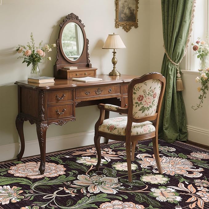 GarveeHome Plum Pink Floral Botanical Washable 5x7 Rug for Living Room, Black Purple Vintage Boho Cottage Throw Rugs Low Pile Carpet for Bedroom Dining Nursery Rug