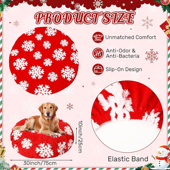 Oudain Dog Bed Cover 30 x 30 x 10 Red Snowflakes Waterproof Round Dog Bed Cover Replacement Washable for Round Dogs Beds Valentine's Day Christmas Winter Decor Scratch Resistant Mattress Protector