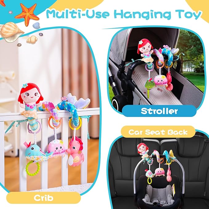 Koty Carseat Toys Hanging, Blue Mermaid Stroller Toys for Babies 0-6 Months, Baby Car Seat Toy with Crinkle, Teether, Music Box, Rattle, BB Squeaker for Babies Boys Girls Gifts (Blue Mermaid)