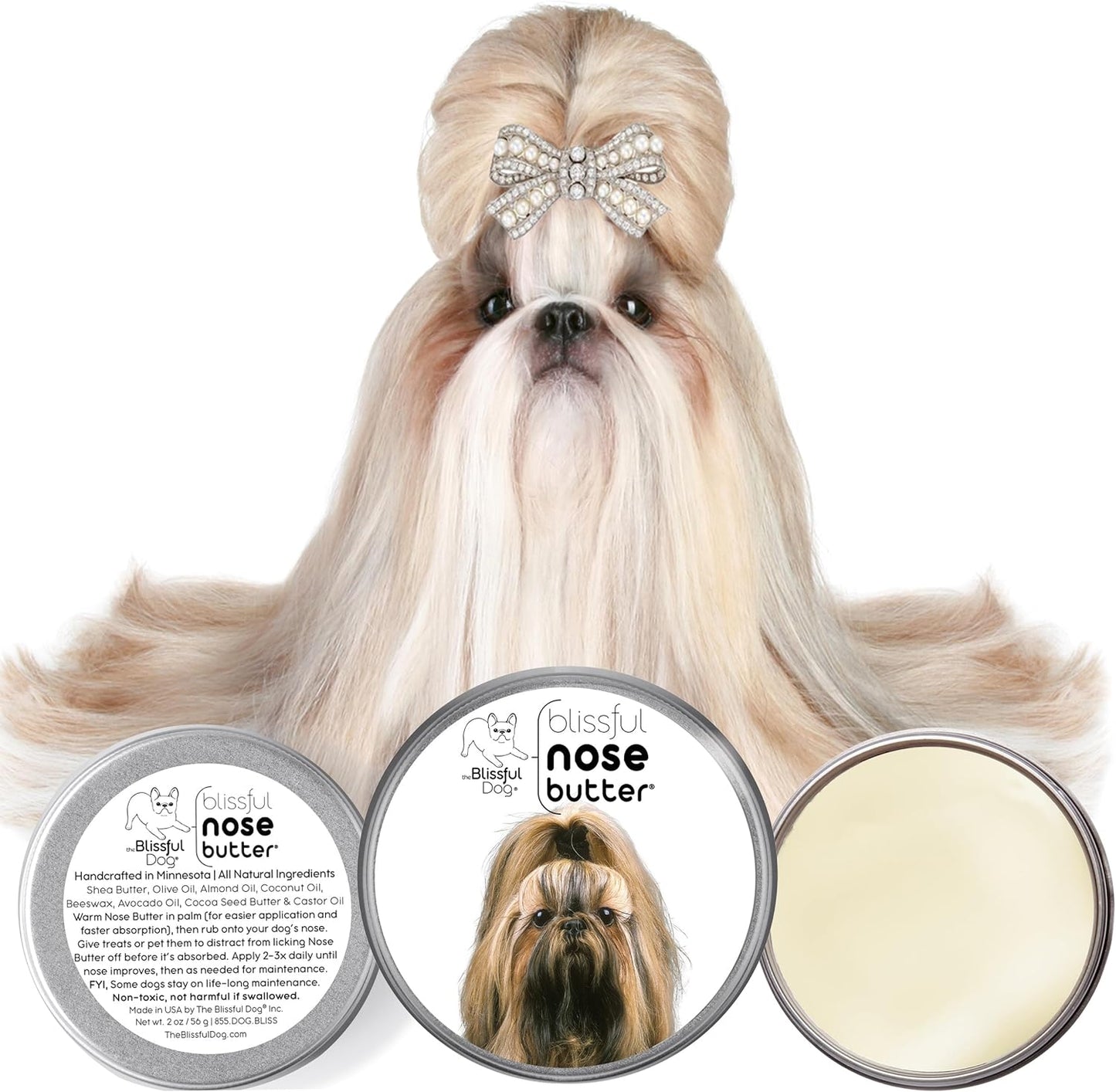 The Blissful Dog Shih Tzu Nose Butter for Dry, Cracked Skin, Lick-Safe Dog Nose Balm with Moisturizing Shea Butter, Almond, Olive, and Essential Oils, Pet Supplies, Uncented, 1 oz.
