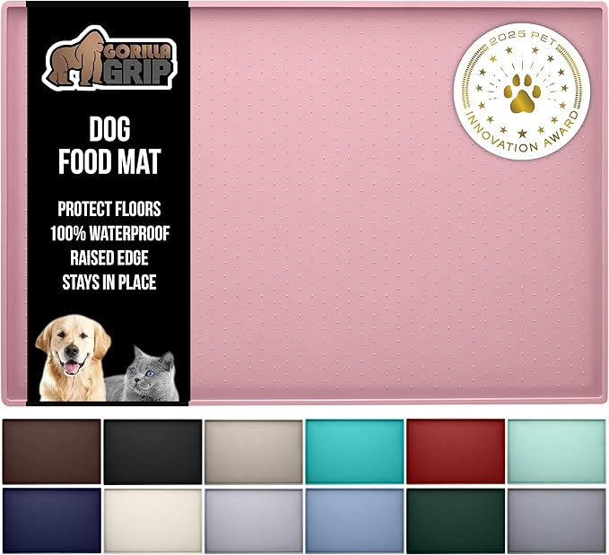 GORILLA GRIP 100% Waterproof Raised Edge BPA Free Silicone Pet Feeding Mat, Dog Cat Food Mats Contain Spills Protects Floors, Placemats for Cats and Dogs Water Bowl, Pets Accessories 32x24 Pink