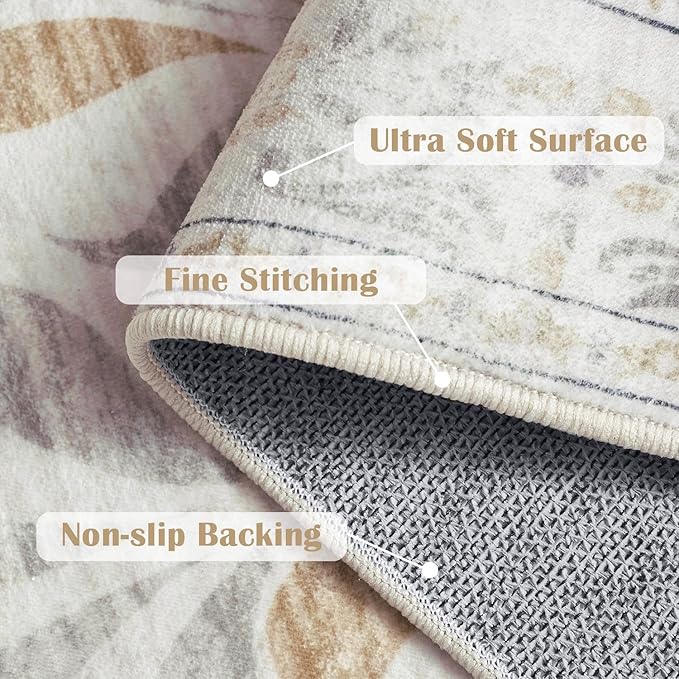 jinchan Vintage Floral 5x7 Area Rugs - Machine Washable Distressed Design Soft Ultra-Thin Low-Pile Non-Slip Carpet for Kitchen Bedroom Nursery Living Room Dining Room Home Office (5x7ft,Light Grey)