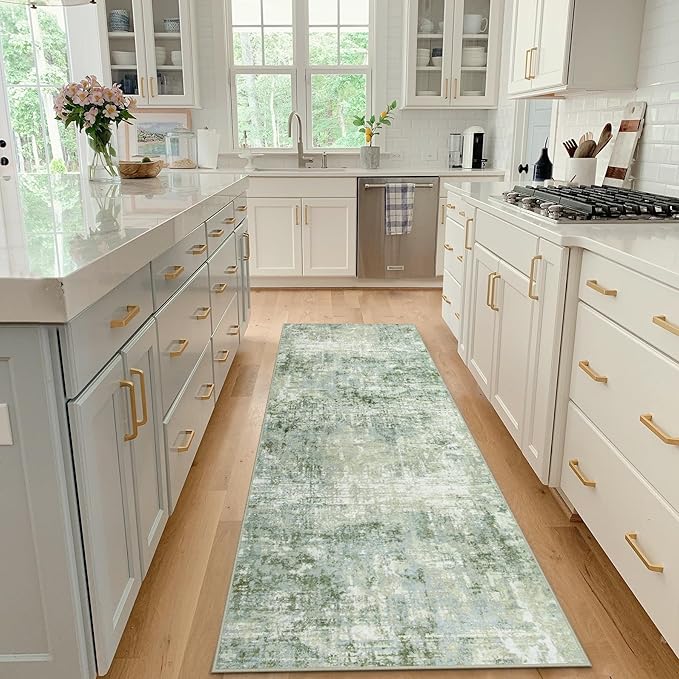 Runner Rug for Hallways Kitchen 2'6"x8' Washable, Non Slip Carpet 8ft Area Rugs Entryway Rubber Backed 8 Feet Neutral Abstract Modern Low Pile Indoor Green