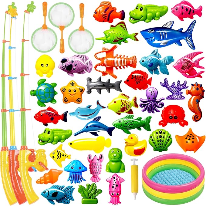 CozyBomB™ Magnetic Fishing Toys Game Set for Kids | Water Table Bathtub Kiddie Pool Party & Pole Rod Net, Plastic Floating Fish Toddler Color Ocean Sea Animals Birthday Age 3 4 5 6 Year