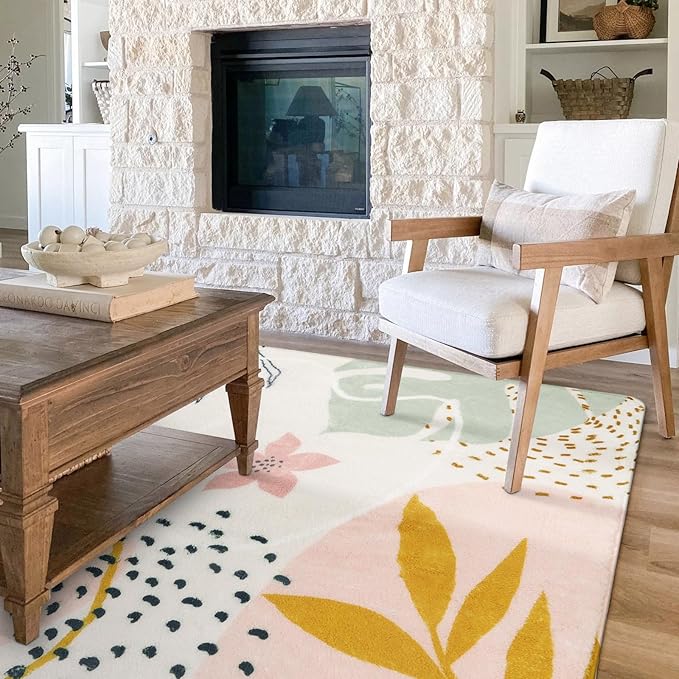 Lahome Pink Washable Rugs 8x10 - Non-Slip Backing Large Living Room Carpet Low Pile Throw Boho Area Rugs for Bedroom, Botanical Print Ultra-Thin Indoor Rug for Classroom Nursery Dining Room Home
