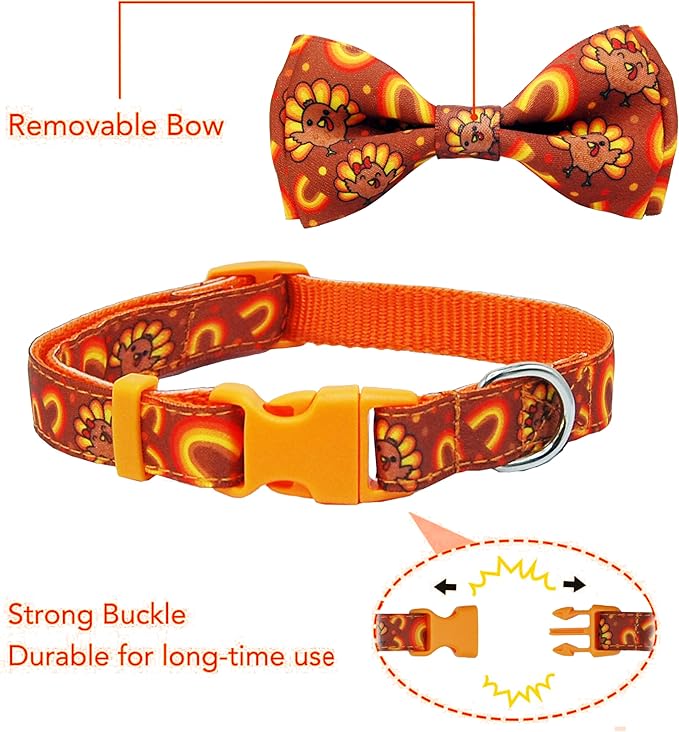 Thanksgiving Dog Collar with Bow Tie Set, Holiday Turkey Pattern Pet Collar for Small Medium Large Dogs, Cute Adjustable Puppy Collar with Quick Release Buckle