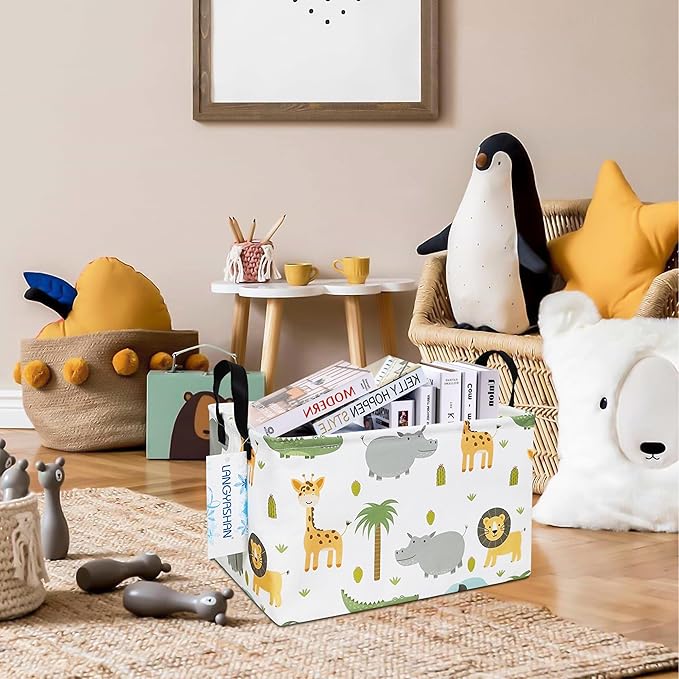 LANGYASHAN Rectangular Storage Bin Collapse Canvas Fabric Cartoon Storage Basket with Handles for Organizing Home Kitchen Boys and Girls Toys Office Closet Shelf Baskets (Rec animal)