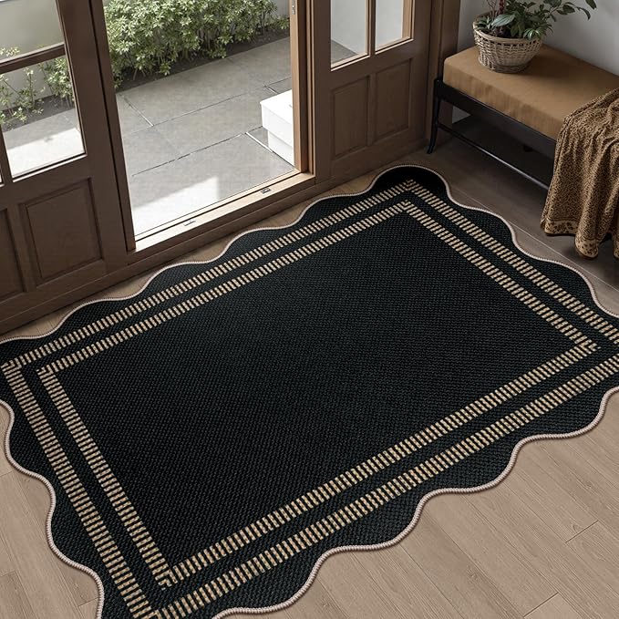 Scalloped Easy Jute Black Rug, 2.6x4 Front Door Washable Door Mat Non Slip