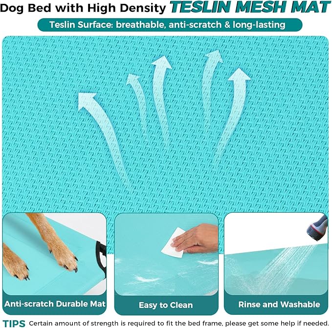 Windproof Elevated Dog Bed with Canopy & Stakes, 3-Sided 90% UV Block, Chew-Proof Teslin Mesh Mat for Large Dogs up to 150lbs(Blue Large)