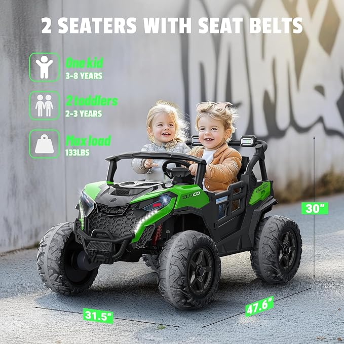 24V 2 Seater Ride on Car Truck, 4x200W, EVA Tires, Remote Control, 4WD/2WD, Rainbow Lights, Shock Absorbers, Bluetooth, Ride On UTV Toy for Kids Ages 3-8, Green