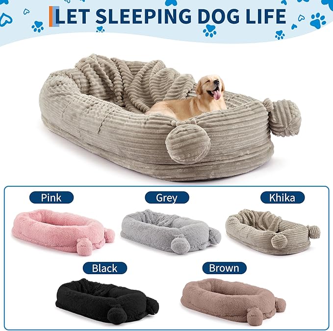GarveeHome Human Sized Dog Bed, 71" x 45" x 12" Large Dog Bed with 2 Storage Pockets,Faux Fur Orthopedic Pet Bean Bed for Adults & Giant Pets - Khika