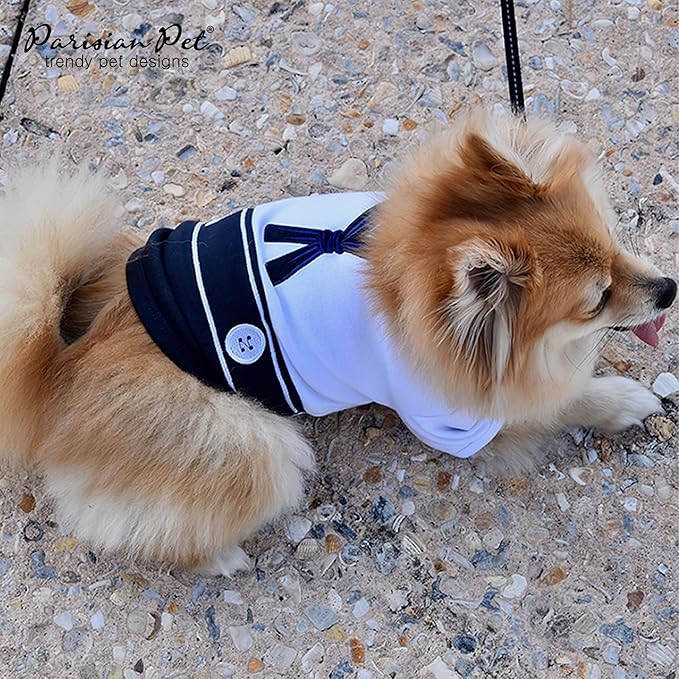 Parisian Pet Dog Shirt - Embroidered Sailor Dog Costume - 100% Cotton & Polyester Pet Costume - Sleeved Dog Clothes - Blue and White Dog Costumes for Small Dogs - Dog Shirts - S