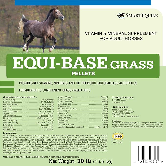 SmartEquine EquiBase Grass Pellets | Horse Vitamins & Minerals Supplement, Forage Balancer | Horses in Light to Moderate Work | 30 lb Bag