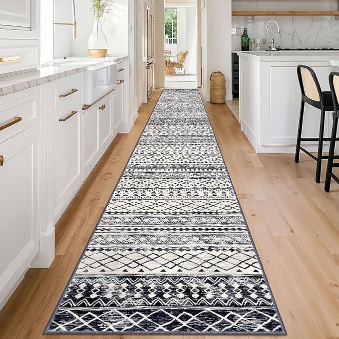 KUTA Moroccan Washable Runner Rug 2.6x18 Non-Slip Vintage Black Navy Blue Boho