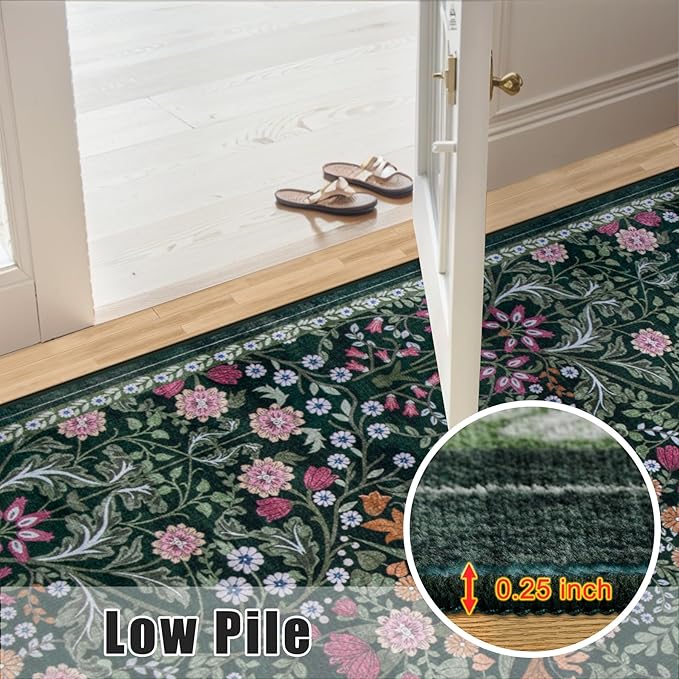 8x10 Area Rugs for Living Room: Floral Washable Rug Vintage Large Soft Boho Non-Slip Carpet Indoor Floor Stain Resistant Carpets for Bedroom Dining Room Farmhouse Nursery Home Office Dark Green