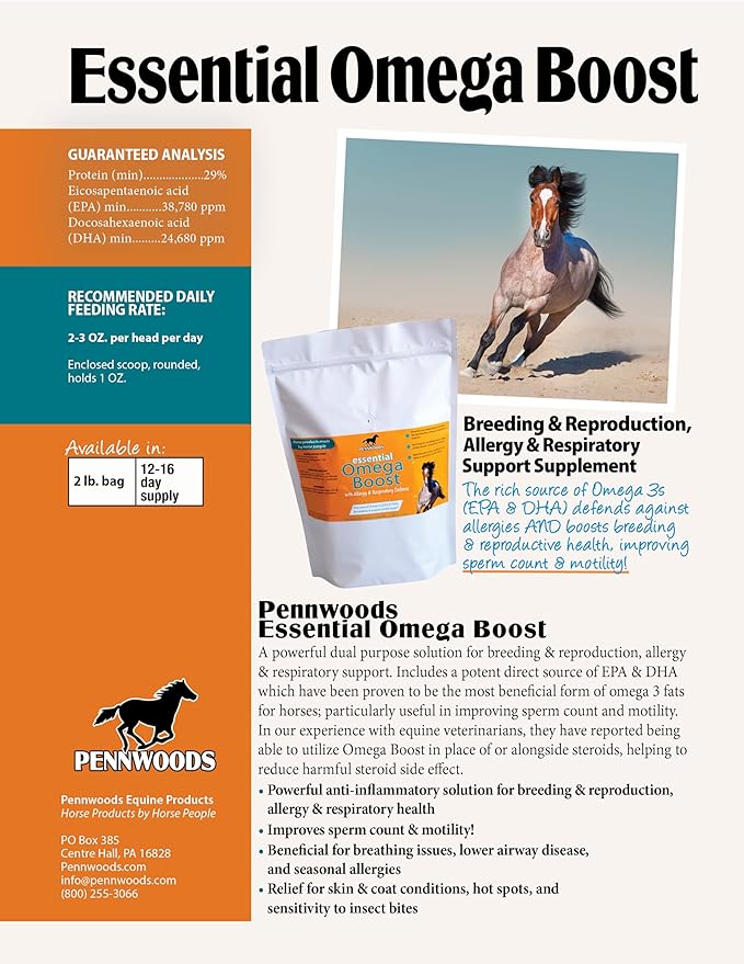 Pennwoods Essential Omega Boost for Horses - Soothe Allergies, Support Respiratory Health, Enhance Breeding, Made in The USA 2lbs.