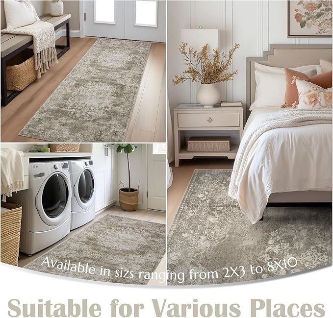 jinchan Vintage Floral Runner Rug 2x5 - Machine Washable Distressed Design Non-Slip Low-Pile Soft Thin Carpet for Hallway Kitchen Farmhouse Bedroom Entryway Laundry Room (2x5ft,Brown)