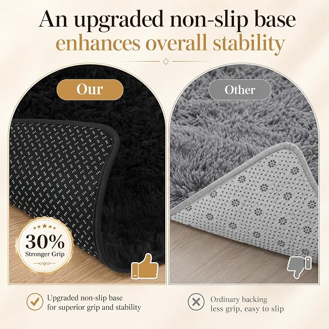 Area Rug for Living Room Bedroom: 6x9 Black Soft Fluffy Shag Upgrade Non-Slip