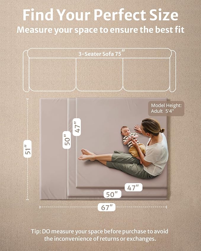 Blissful Diary Vegan Leather Baby Play Mat, 47x47 Thicken Foam Cushioned & Waterproof Playpen Mat for Infants and Toddlers, Stylish and Just Wipe-Clean Playmat for Baby Play on Floor, Taupe