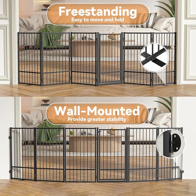 Full Metal Freestanding Dog Gate with Door, 36''Height Foldable Pet Dog Fence for Indoor & Outdoor, 6 Panels Extra Wide Free Standing TallDog Gates for Doorways,House,Stairs,Porch,Deck,Yard