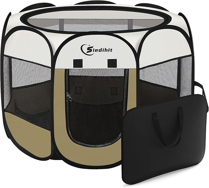 Dog Cat Playpen, Medium Puppy Pet Playpen, Dog Crate Tent Cage Indoor/Outdoor, Portable Pop Up Dogs Kennel Playpen with Carrying Case for Dogs/Cats/Rabbits (Khaki,Medium)