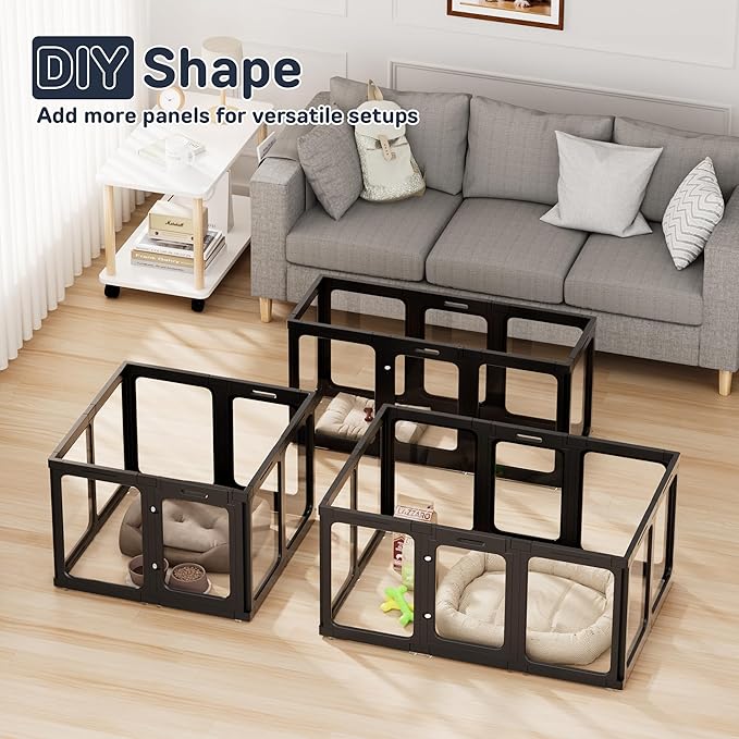 Acrylic Dog Playpen Indoor, 10 PCS Plastic Puppy Playpen with Door, Clear PlayPen for Dog Cat Rabbit Ferret, Preferable Small Dog Cage, Easy Assemble Pet Pen, 50" L x 33.5" W x 24" H, Black