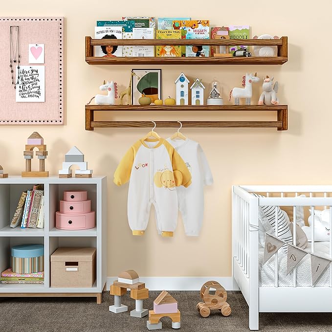 Heimlove 32 Inch Nursery Floating Shelves, Nursery Book Shelves for Wall, Wall Bookshelf for Kids Solid Wood Wall Mounted Shelves for Books,Toys and Decor Storage, Set of 2