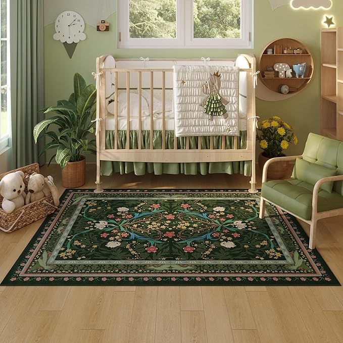 Bedroom Rug 3x5 Rug Washable Area Rug Non Slip Low Pile Vintage Floral Botanical Small Carpet for Bedroom, Bedside, Kitchen, Entryway, Kids Room, Office, Green