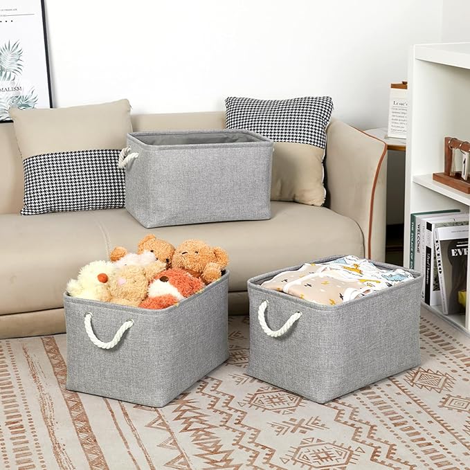 Bidtakay Storage Baskets Gray 3 Pack Shelf Baskets Collapsible Storage Bins for Clothes 15X11X9.5Inch Decorative Baskets with Handles Large Baskets for Organizing Closet Home Storage (Grey)