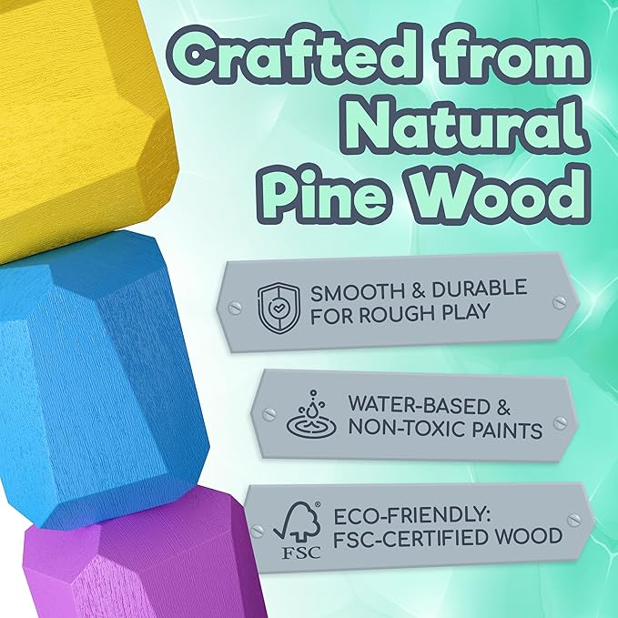 Wooden Stacking Blocks – Montessori Toys for 1 2 3 4 5 6 Year Old Toddlers and Kids, No Choking Hazard – Building Rocks Stones Games, for Girls and Boys