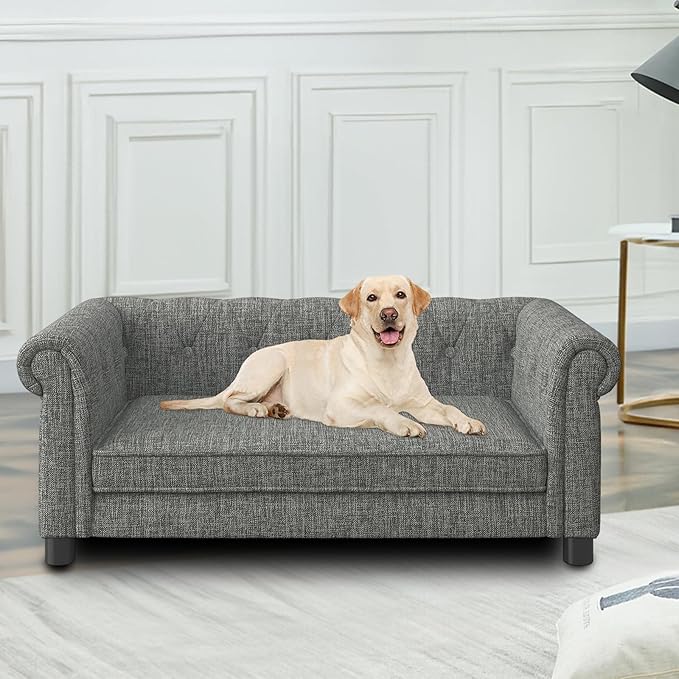 Elevated Rectangle Dog Sofa for Small & Medium Dogs - Comfortable Linen Fabric Dog Bed with Button Tufted Back, Durable Modern and Stylish Pet Bed for Living Room, Bedroom (Light Grey)