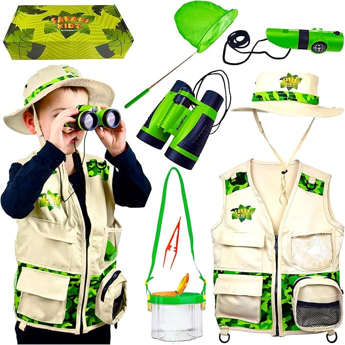 Bug Hunting Kit, Green Safari Vest, Hat, Binoculars, Lg. Butterfly Net, Bug Container, Whistle, Flashlight, Magnifier, Thermostat, Compass, Age 3+